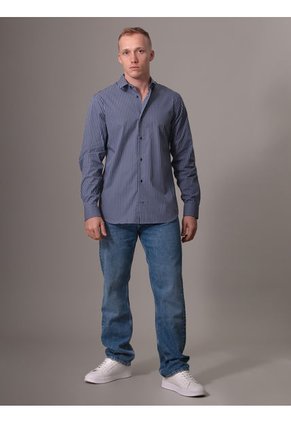 Camisa Azul Elástica A Rayas De Popelina Calvin Klein