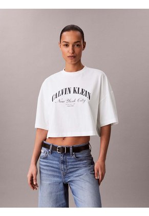 Camiseta Blanca Cropped Con Logo Calvin Klein