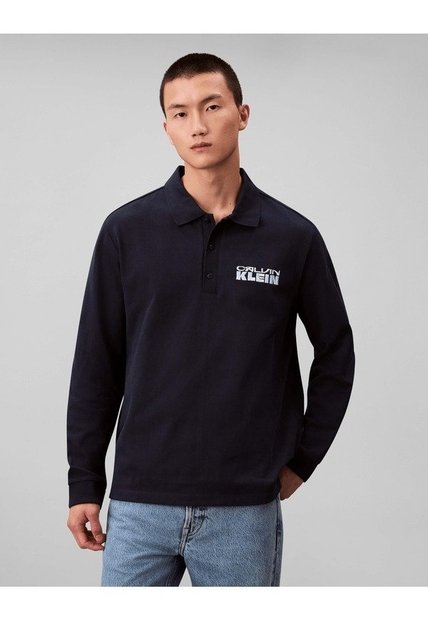 Polo Azul De Manga Larga Con Tejido Sacos / Saco Tejido Grueso Aterciopelado Calvin Klein
