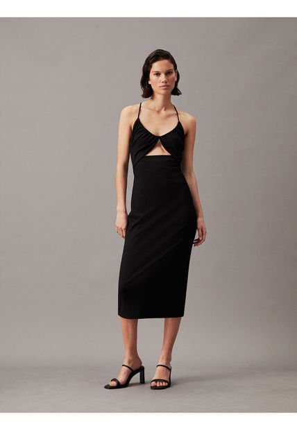 Vestido Negro Midi Recortado Con Detalle De Lazo Calvin Klein