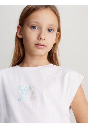 Camiseta Blanca Boxy Con Logo Aterciopelado Para Niña Calvin Klein
