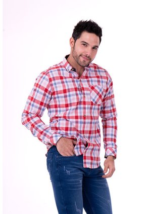 Camisa Manga Larga Popelina Cuadros Rojo Y Azul