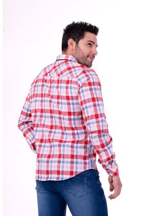Camisa Manga Larga Popelina Cuadros Rojo Y Azul