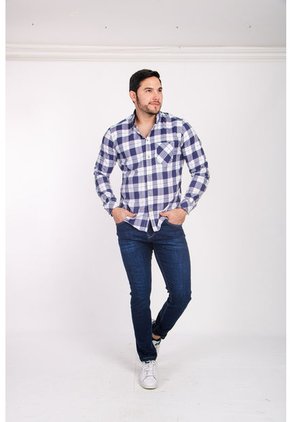 Camisa Manga Larga Popelina Cuadros Blanco Y Azul