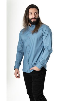 Camisa Manga Larga En Popelina Azul Medio