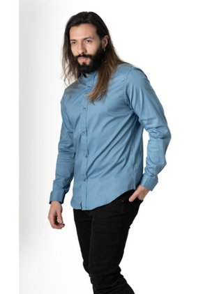 Camisa Manga Larga En Popelina Azul Medio