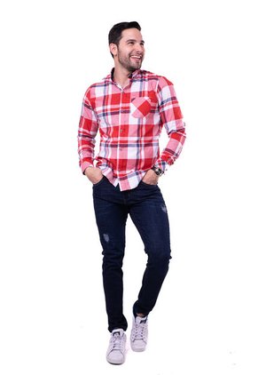 Camisa Manga Larga Popelina Cuadros Blanco Y  Rojo