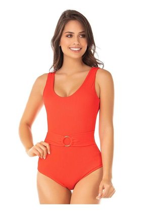 CHAMELA 24515 - Vestidos De Baño Enterizos De Moda Para Mujer - Control Abdominal Unicolor-Negro-Negro-Negro-Naranja