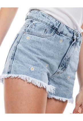 High Waist Denim Shorts Con Bordado De Flores Y Ruedo Desflecado Color Blue