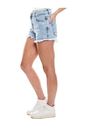 High Waist Denim Shorts Con Bordado De Flores Y Ruedo Desflecado Color Blue