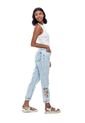 High Waist Straight Fit Jeans Tono Medio Con Bordado De Flores Y Botonadura Interna Color Blue de Color Blue