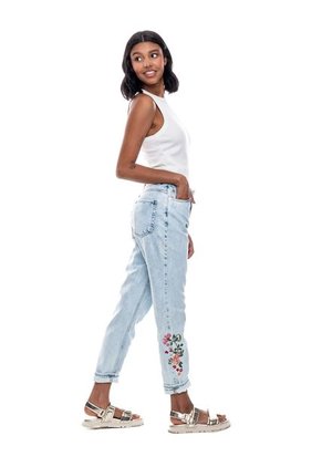 High Waist Straight Fit Jeans Tono Medio Con Bordado De Flores Y Botonadura Interna Color Blue