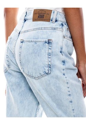 High Waist Straight Fit Jeans Tono Medio Con Bordado De Flores Y Botonadura Interna Color Blue
