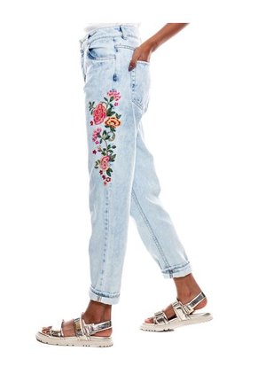High Waist Straight Fit Jeans Tono Medio Con Bordado De Flores Y Botonadura Interna Color Blue