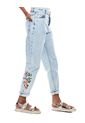 High Waist Straight Fit Jeans Tono Medio Con Bordado De Flores Y Botonadura Interna Color Blue de Color Blue