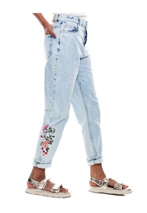 High Waist Straight Fit Jeans Tono Medio Con Bordado De Flores Y Botonadura Interna Color Blue
