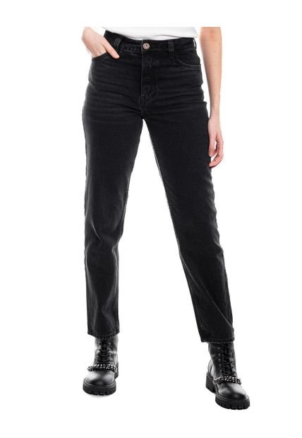 Black Denim High Waist Mom Fit Jeans Con Botonadura Interna Color Blue