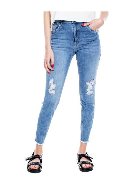 High Waist Skinny Jeans Power Stretch Tono Medio Con Rotos Y Ruedo Desflecado Color Blue