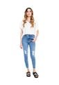 High Waist Skinny Jeans Power Stretch Tono Medio Con Rotos Y Ruedo Desflecado Color Blue de Color Blue