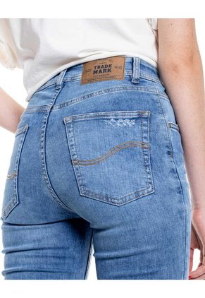 High Waist Skinny Jeans Power Stretch Tono Medio Con Rotos Y Ruedo Desflecado Color Blue