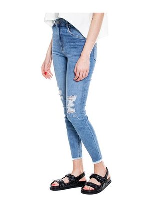 High Waist Skinny Jeans Power Stretch Tono Medio Con Rotos Y Ruedo Desflecado Color Blue