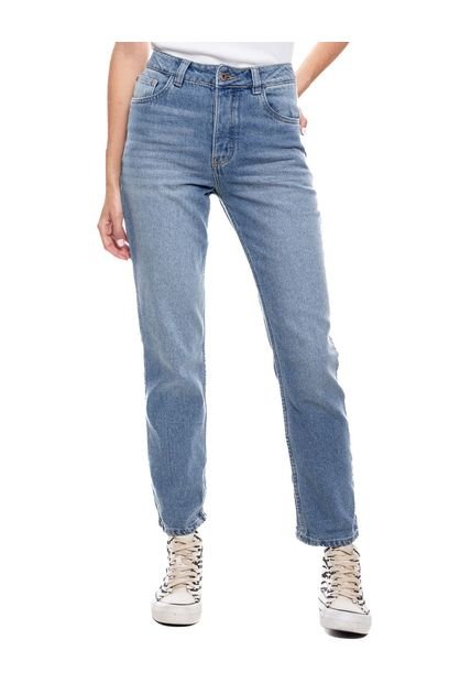 High Waist Straight Fit Jeans Tono Medio Con Botonadura Interna Color Blue