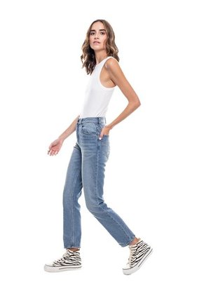 High Waist Straight Fit Jeans Tono Medio Con Botonadura Interna Color Blue