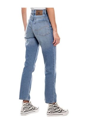 High Waist Straight Fit Jeans Tono Medio Con Botonadura Interna Color Blue