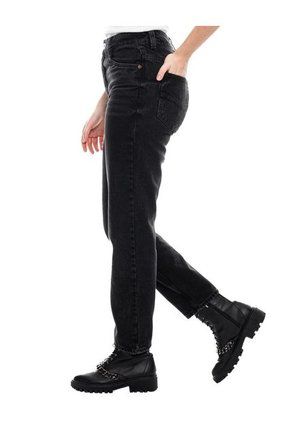 Black Denim High Waist Mom Fit Jeans Con Botonadura Interna Color Blue