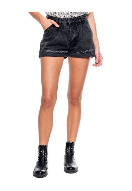 High Waist Black Denim Shorts Con Pinzas Delanteras Y Ruedo Doblado Color Blue