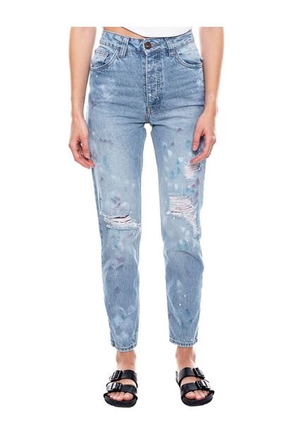 High Waist Mom Fit Jeans Tono Medio Con Salpicaduras Y Botonadura Interna Color Blue