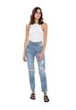High Waist Mom Fit Jeans Tono Medio Con Salpicaduras Y Botonadura Interna Color Blue de Color Blue