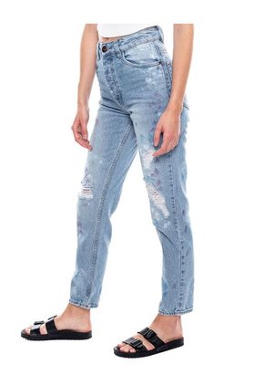 High Waist Mom Fit Jeans Tono Medio Con Salpicaduras Y Botonadura Interna Color Blue
