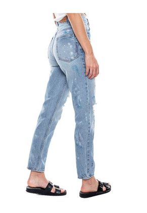 High Waist Mom Fit Jeans Tono Medio Con Salpicaduras Y Botonadura Interna Color Blue