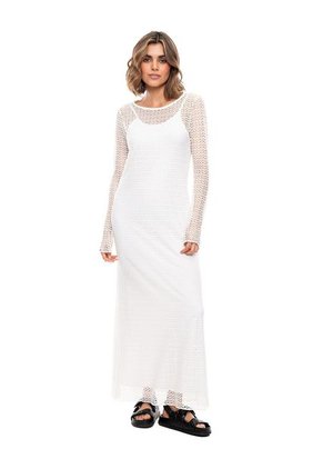 Maxi Vestido Manga Larga En Malla Con Vestido Interno Color Blue