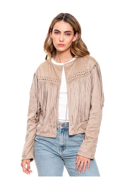 Chaqueta En Gamuza Con Detalle De Flecos En Frente Y Espalda Color Blue