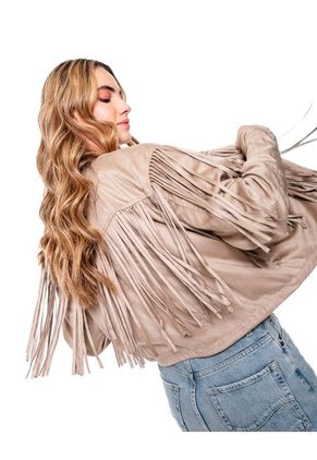 Chaqueta En Gamuza Con Detalle De Flecos En Frente Y Espalda Color Blue