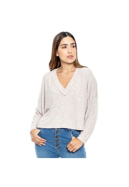 Camiseta Manga Larga En Rib Cuello En V Con Ruedos Al Corte Color Blue