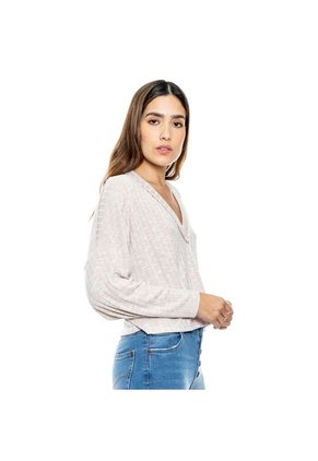 Camiseta Manga Larga En Rib Cuello En V Con Ruedos Al Corte Color Blue