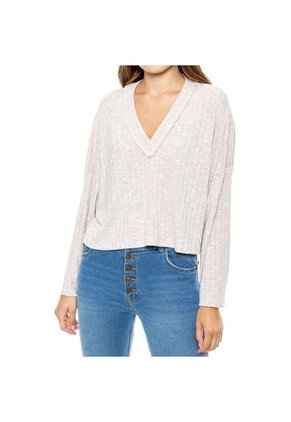 Camiseta Manga Larga En Rib Cuello En V Con Ruedos Al Corte Color Blue