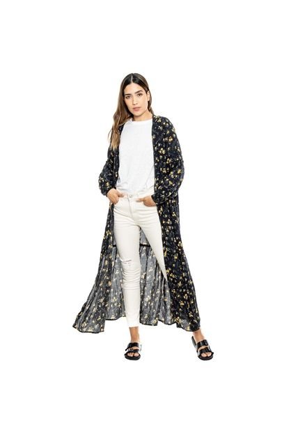 Kimono Largo Estampado Mini Print Con Corte Y Recogido En Parte Inferior Color Blue