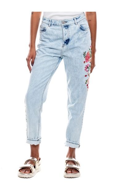 High Waist Straight Fit Jeans Tono Medio Con Bordado De Flores Y Botonadura Interna Color Blue