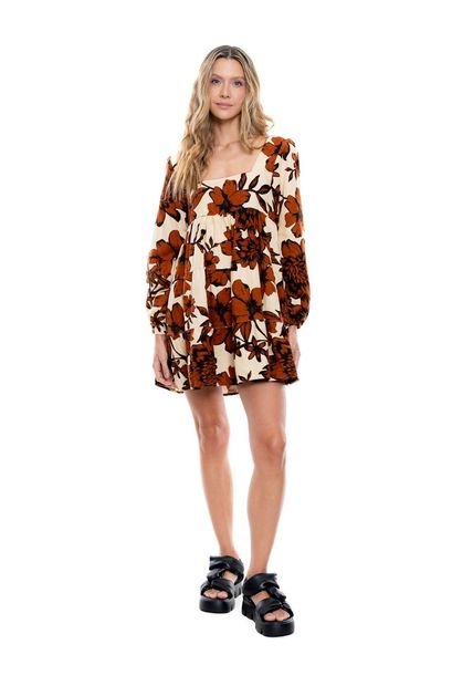 Vestido Corto Manga Larga Con Estampado De Flores Color Blue