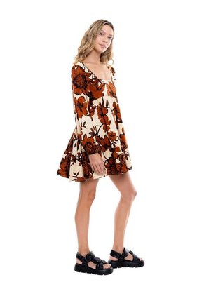 Vestido Corto Manga Larga Con Estampado De Flores Color Blue