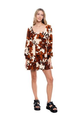 Vestido Corto Manga Larga Con Estampado De Flores Color Blue