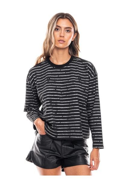 Camiseta Manga Larga Estampado A Rayas Con Brillo Color Blue