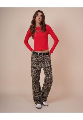 Pantalón Animal Print Straight Fit High Waist Color Blue