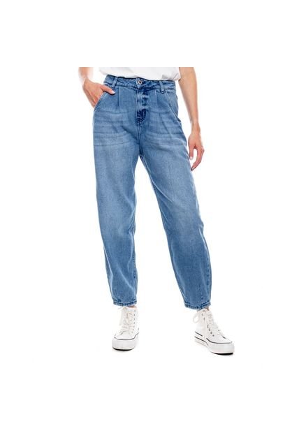 High Waist Slouchy Jeans Tono Medio Con Pinzas En Bota Color Blue