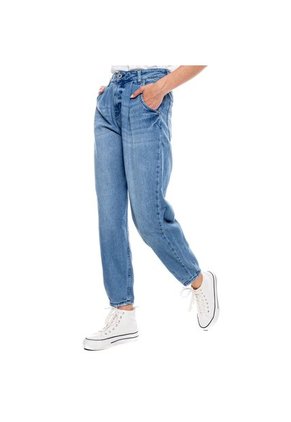 High Waist Slouchy Jeans Tono Medio Con Pinzas En Bota Color Blue