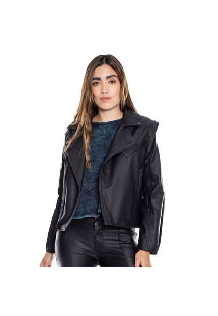 Chaqueta Biker Efecto Cuero + Pestañas Con Remaches Color Blue